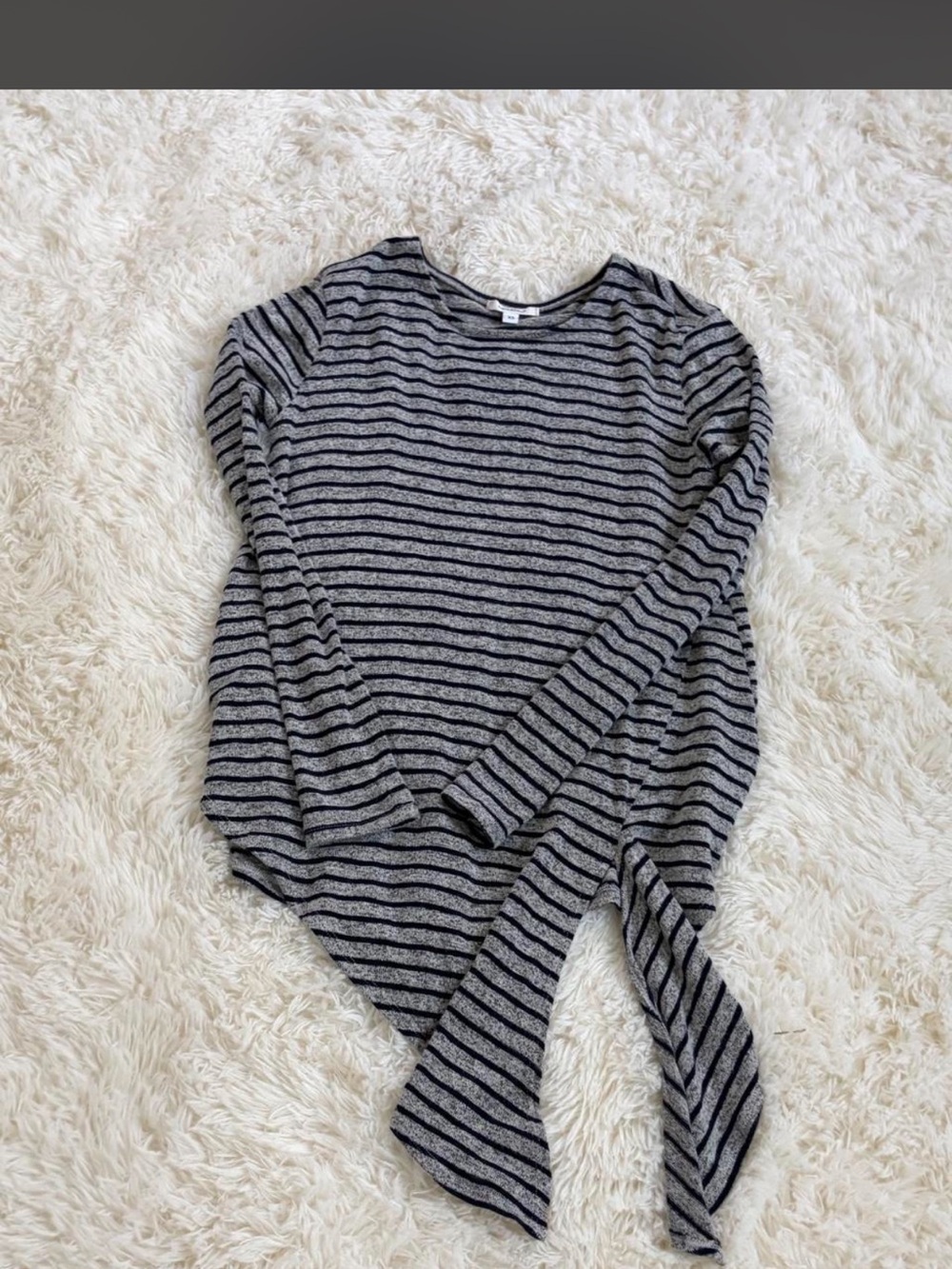 Stella & Dot Gray and Black Striped Tie-Hem Crewneck Sweater